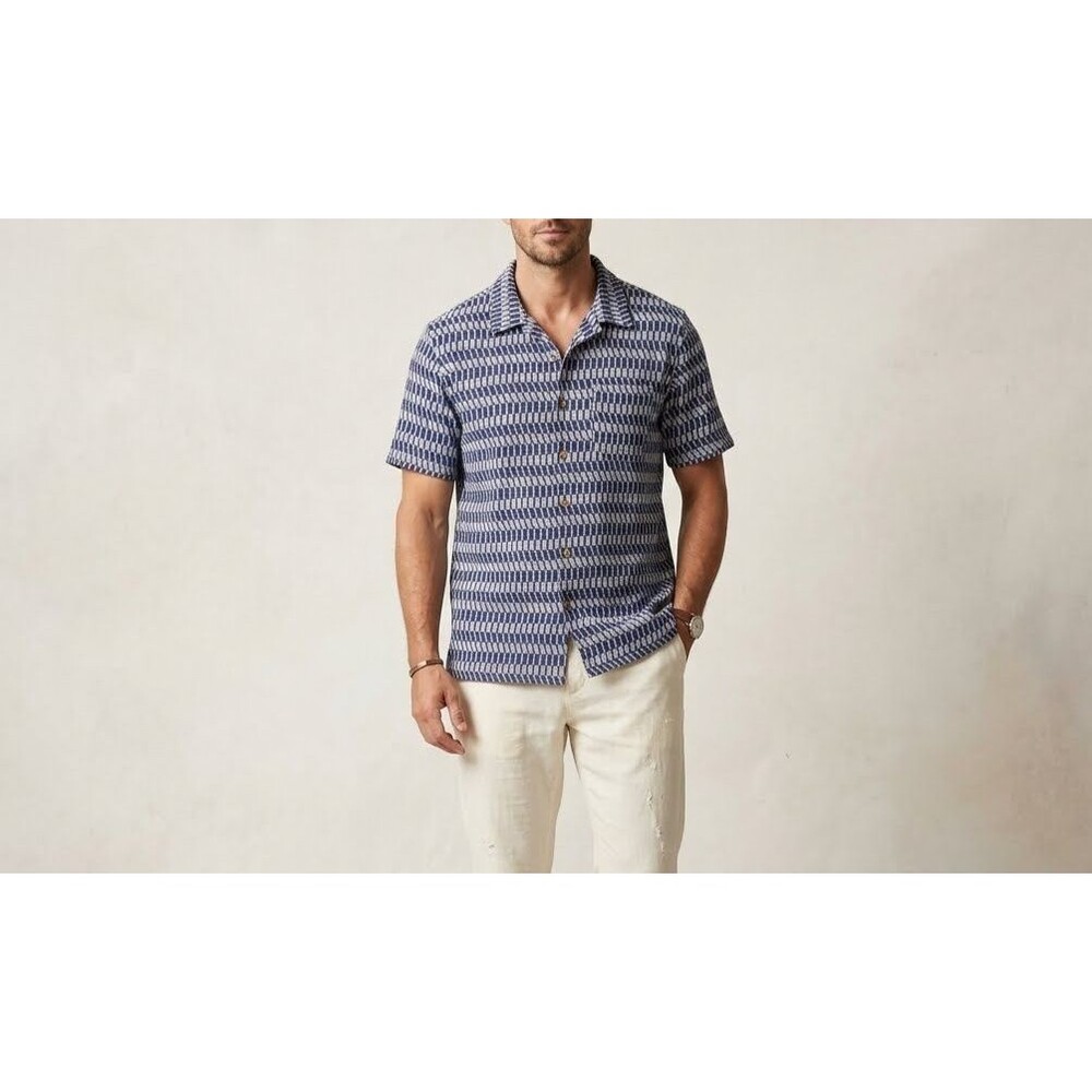 Criquet Chevron Print Men's Buttondown Shirt Collar Short Sleeve Blue XL 290000